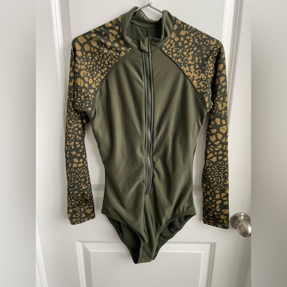 All in Motion Olive and Gold Rash Guard Swimsuit